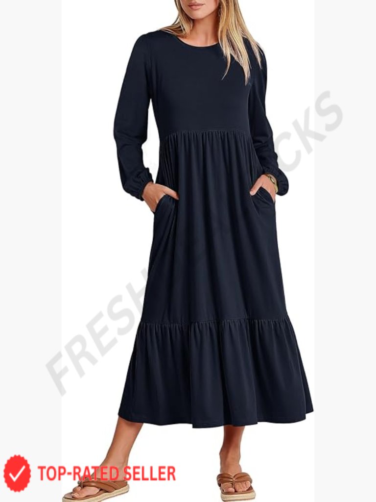 Long Sleeve Midi Dress Casual Oversized Tiered Flowy With Pockets Spring